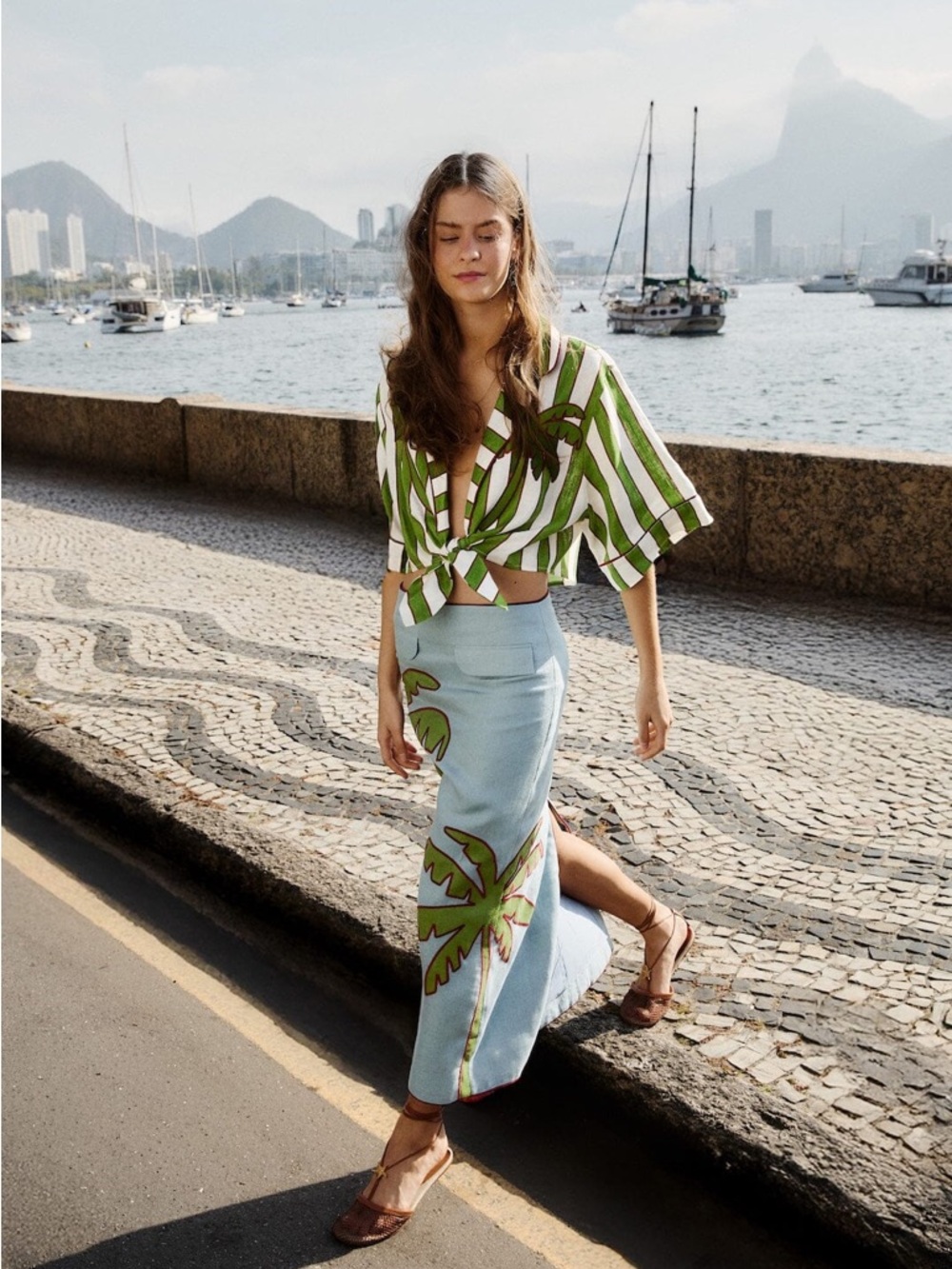 FARM Rio Green Palm Embroidered Linen Stripes Self-Tie Cropped Top Size XL NWT - Picture 10 of 16